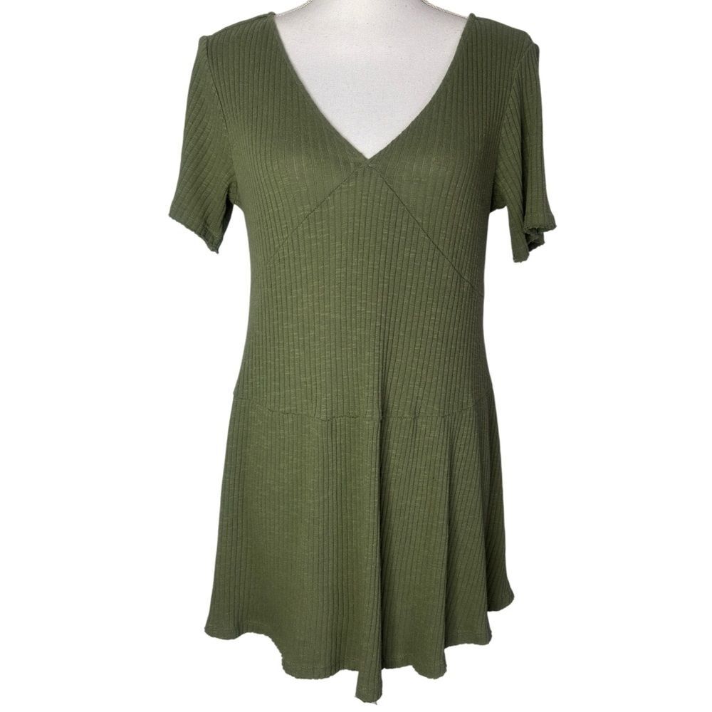 GB Olive Green V-Neck Back Tie Short Sleeve Mini Fit & Flare Dress